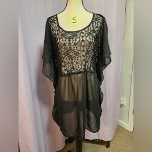 Black Sheer Beach Coverup with Geometric Lace